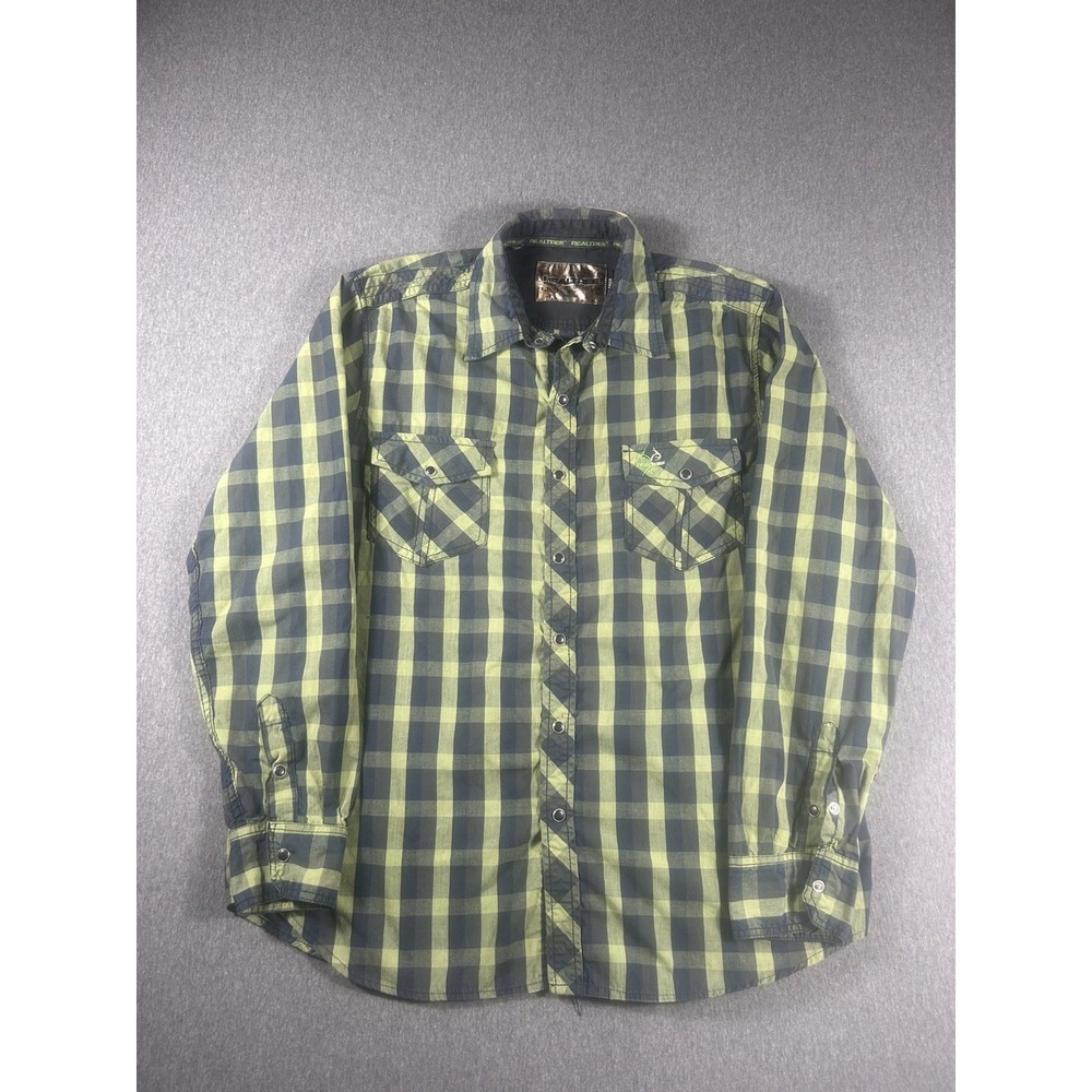 Realtree‎ Xtra Men's Black Pearl Snap Plaid Long Sleeve Shirt Green/Black